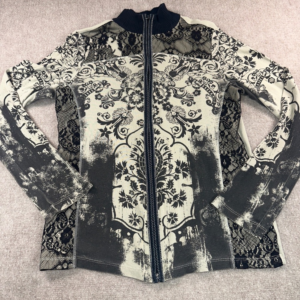 Skinny Minnie Vintage Y2K Lace Damask Rhinestone Zip Up Jacket Cream Black Large